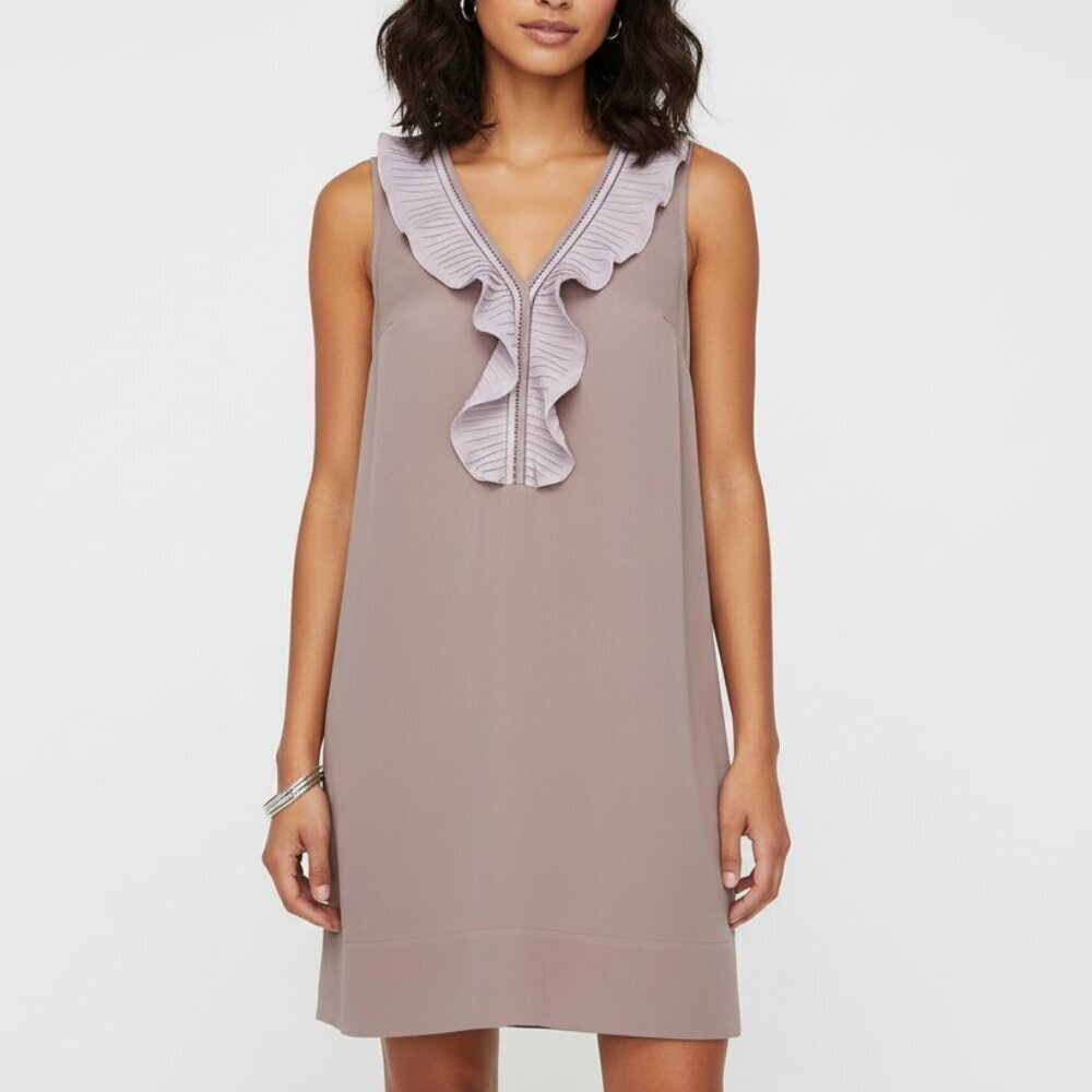 Reiss Ruffle V-Neck Mini Dress – Taupe, Size Small